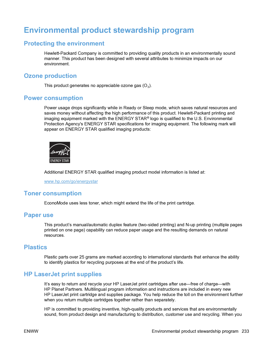 HP M1536dnf CE538ABGJ manual Environmental product stewardship program 