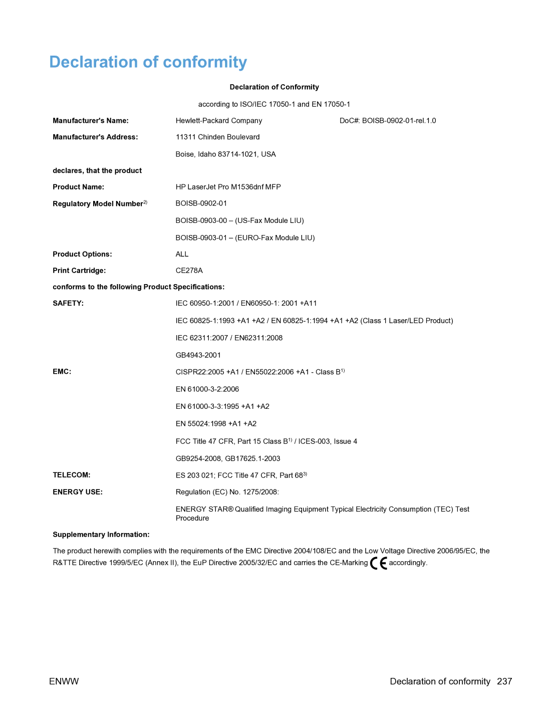 HP M1536dnf CE538ABGJ manual Declaration of conformity, Supplementary Information 