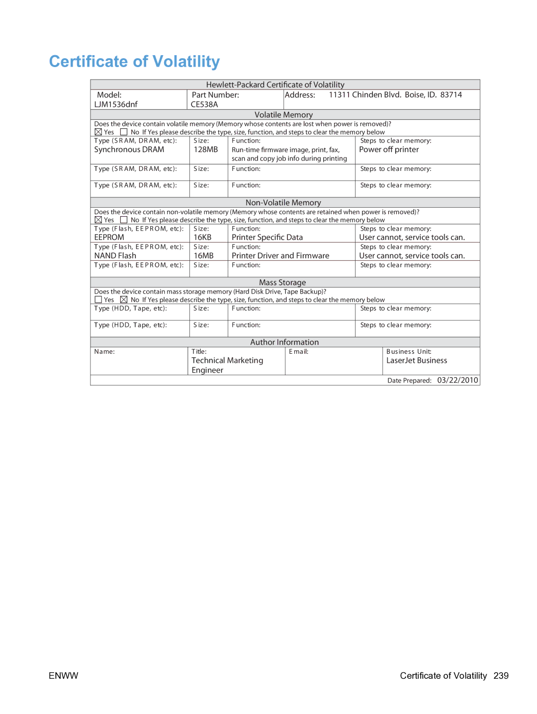 HP M1536dnf CE538ABGJ manual Certificate of Volatility 