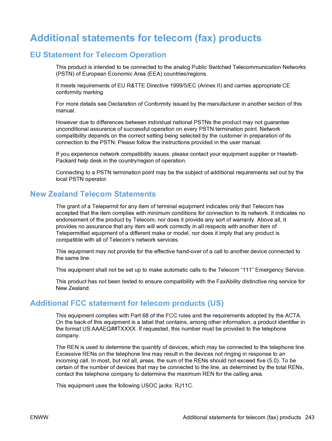 HP M1536dnf CE538ABGJ manual Additional statements for telecom fax products, EU Statement for Telecom Operation 