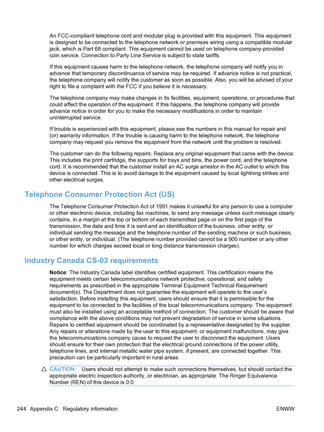 HP M1536dnf CE538ABGJ manual Telephone Consumer Protection Act US, Industry Canada CS-03 requirements 