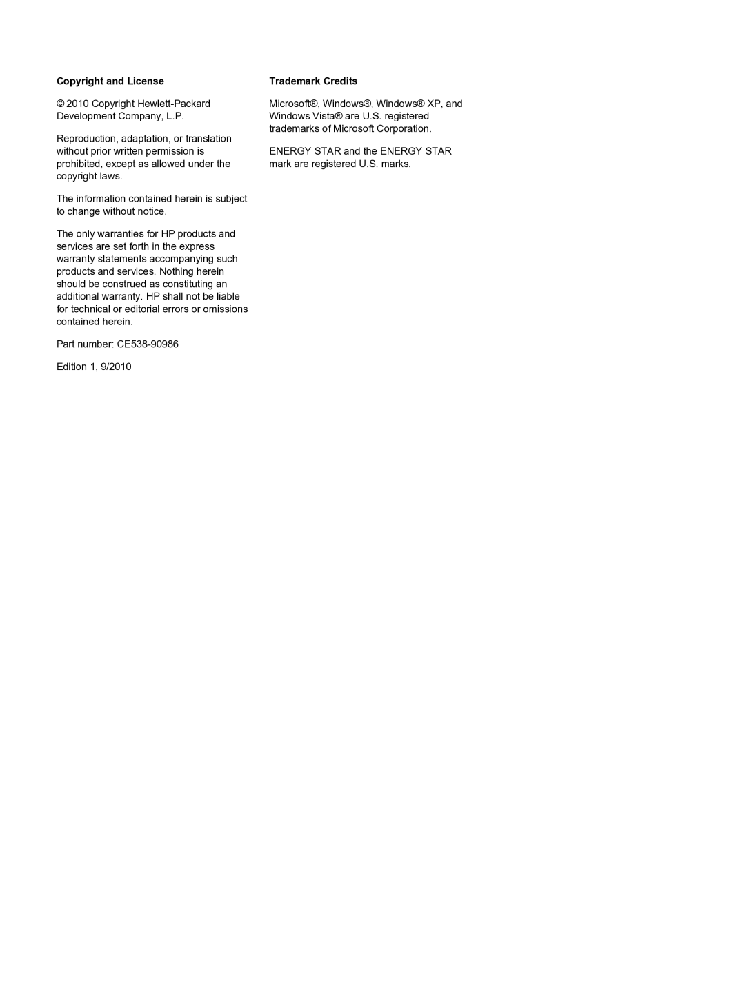 HP M1536dnf CE538ABGJ manual Copyright and License, Trademark Credits 