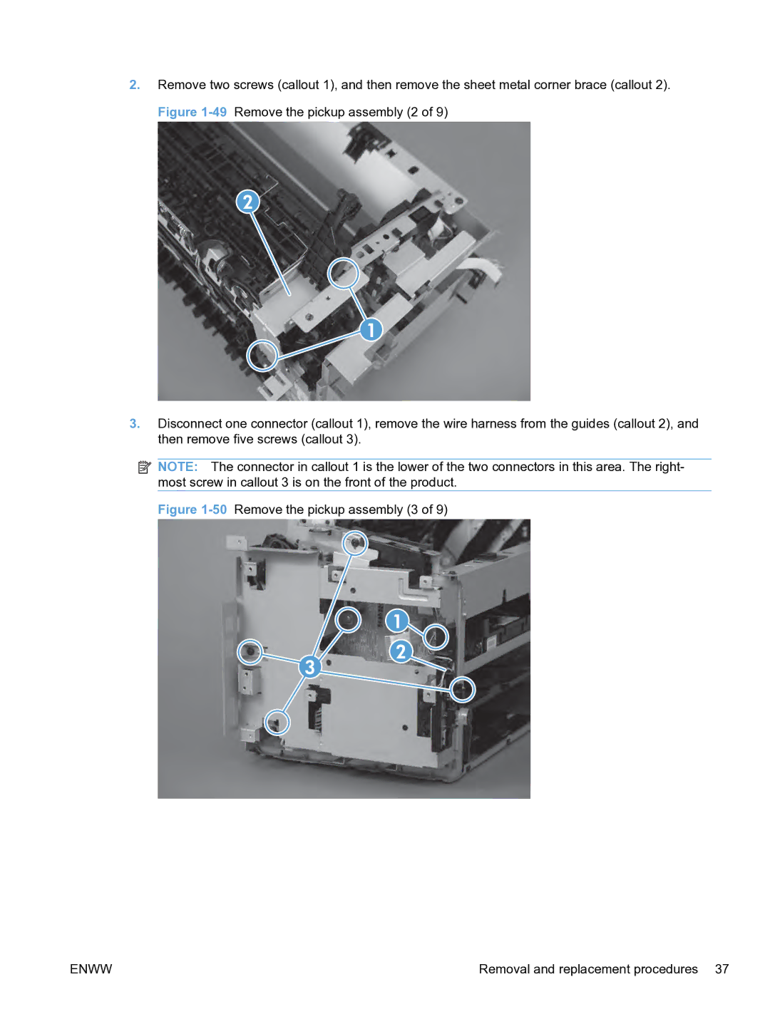 HP M1536dnf CE538ABGJ manual 50Remove the pickup assembly 3 