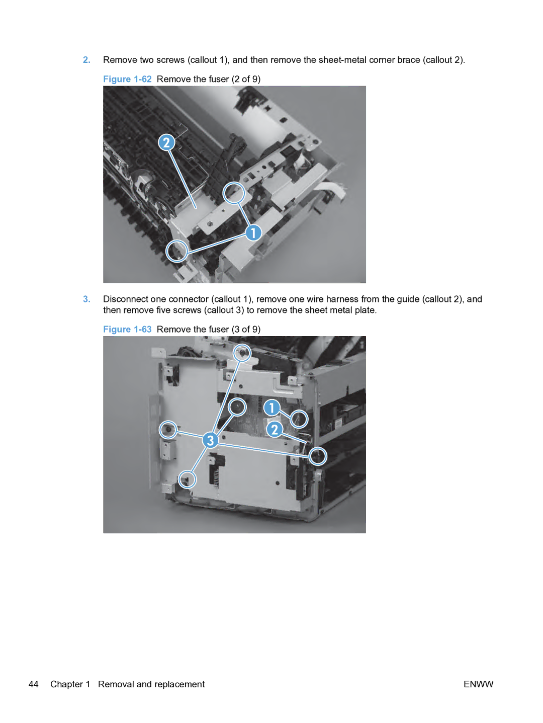 HP M1536dnf CE538ABGJ manual 63Remove the fuser 3 Removal and replacement 