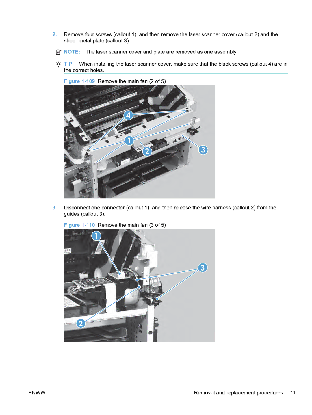 HP M1536dnf CE538ABGJ manual 110Remove the main fan 3 