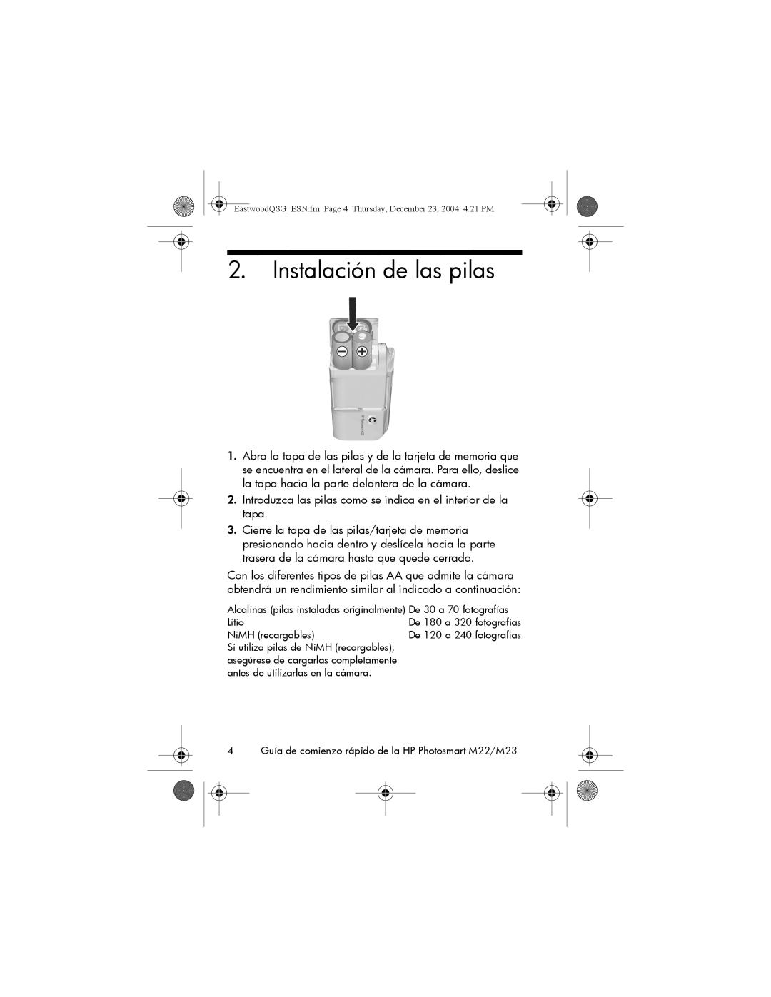 HP M23, M22 manual Instalación de las pilas 