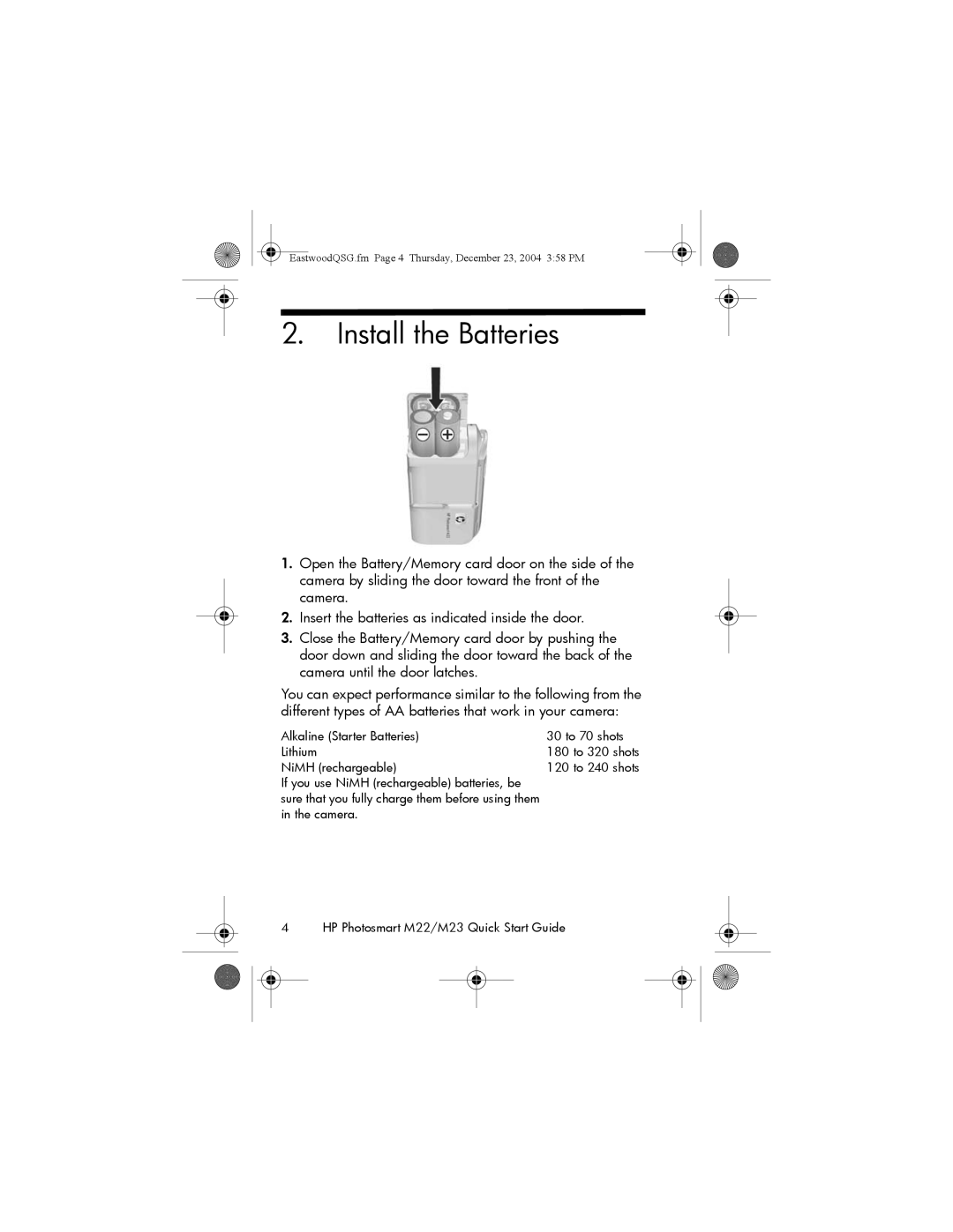 HP M23, M22 manual Install the Batteries 