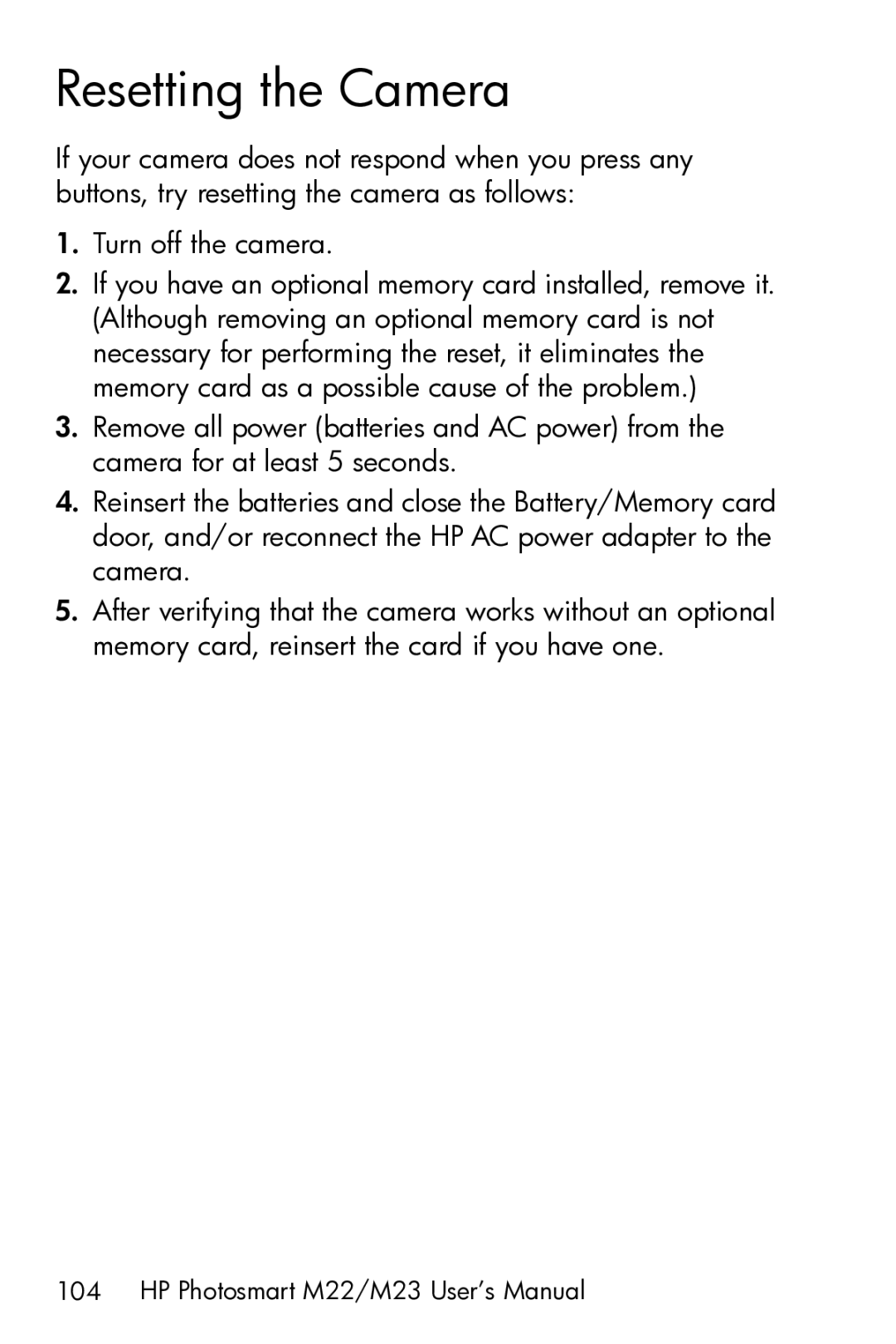 HP M23 manual Resetting the Camera 