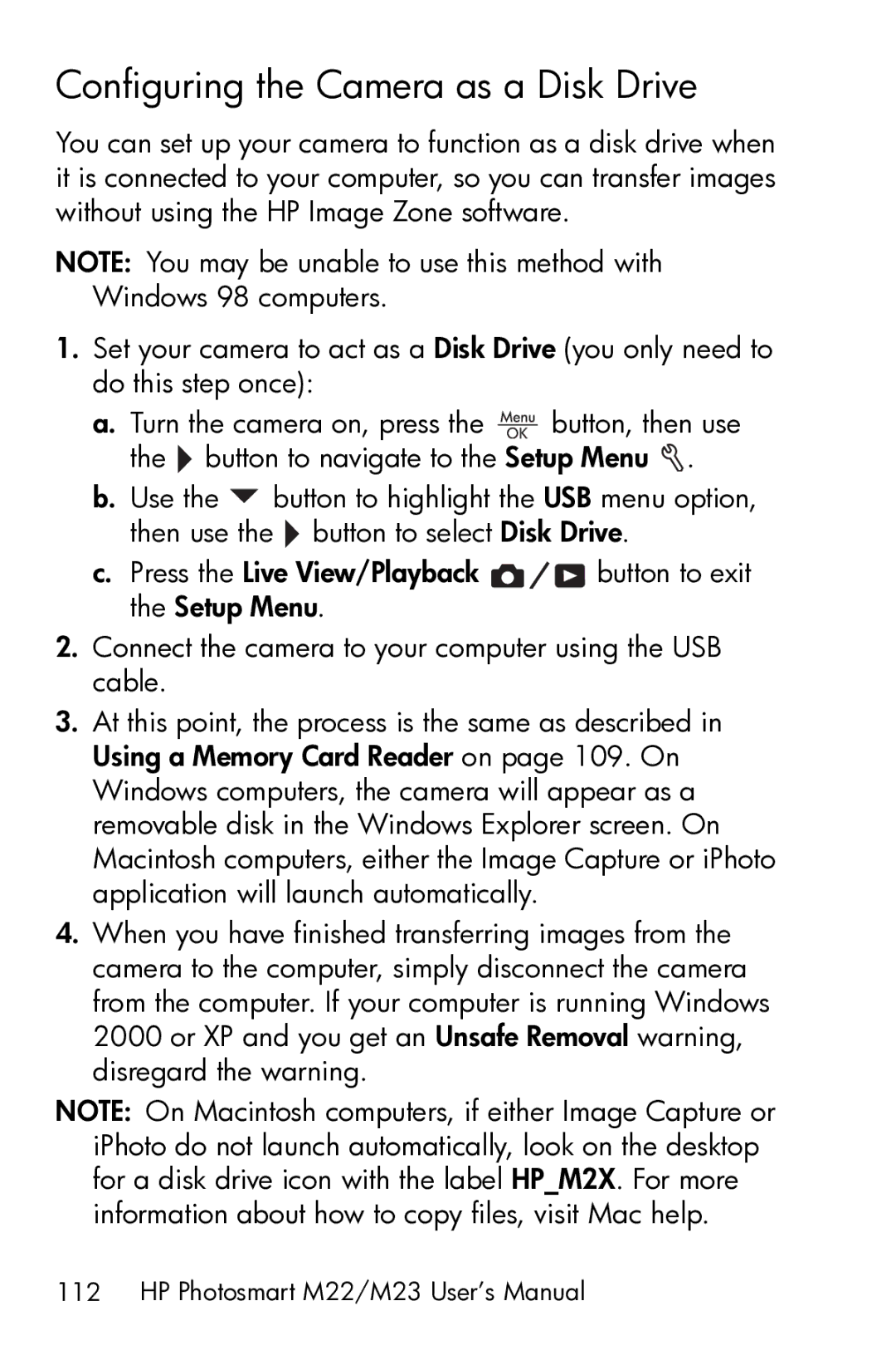 HP M23 manual Configuring the Camera as a Disk Drive 