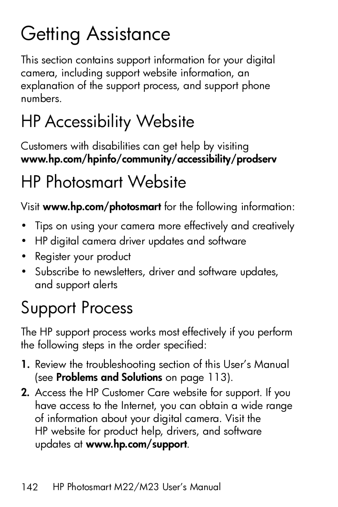 HP M23 manual Getting Assistance, HP Accessibility Website HP Photosmart Website, Support Process 