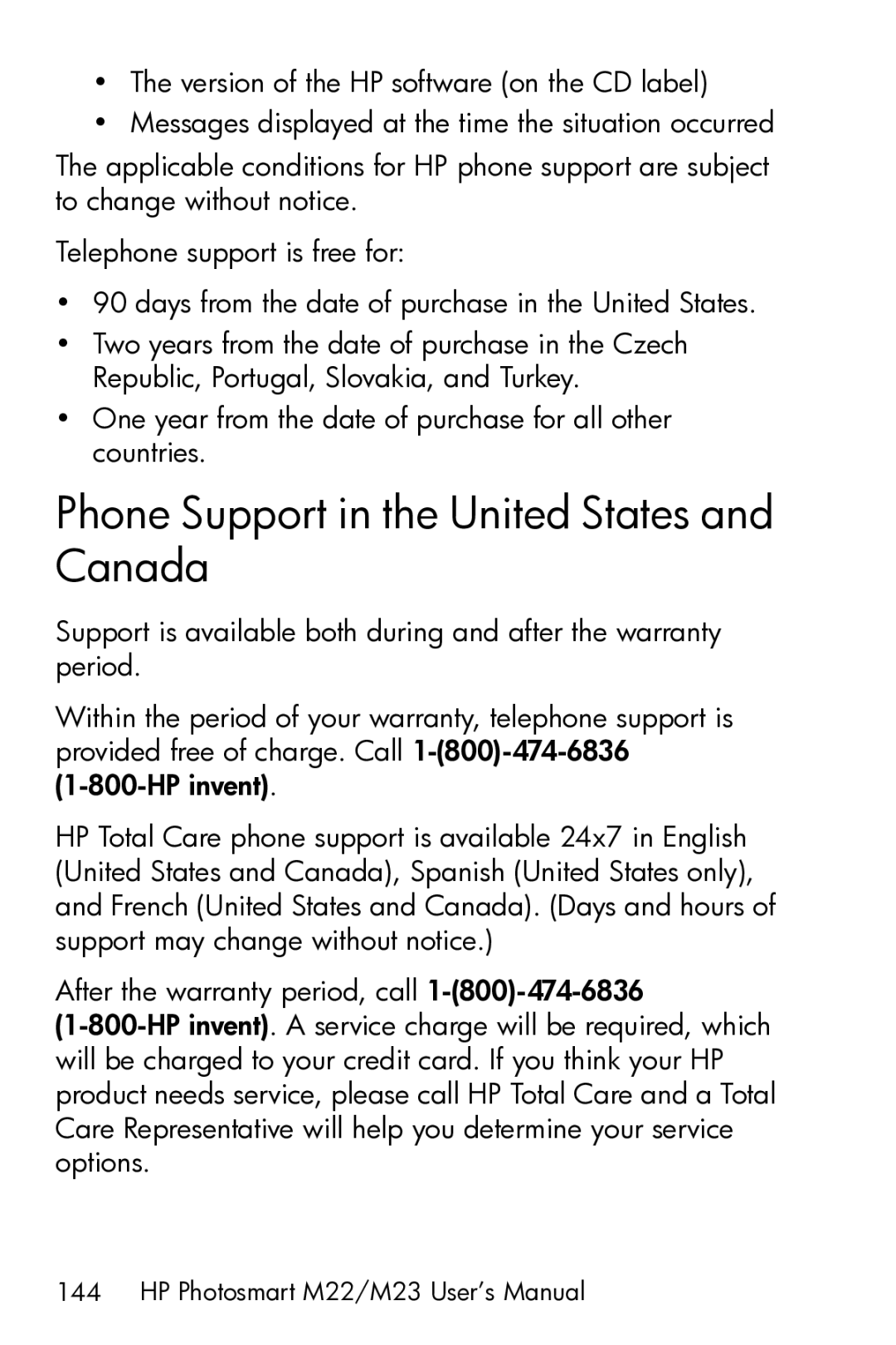 HP M23 manual Phone Support in the United States and Canada 