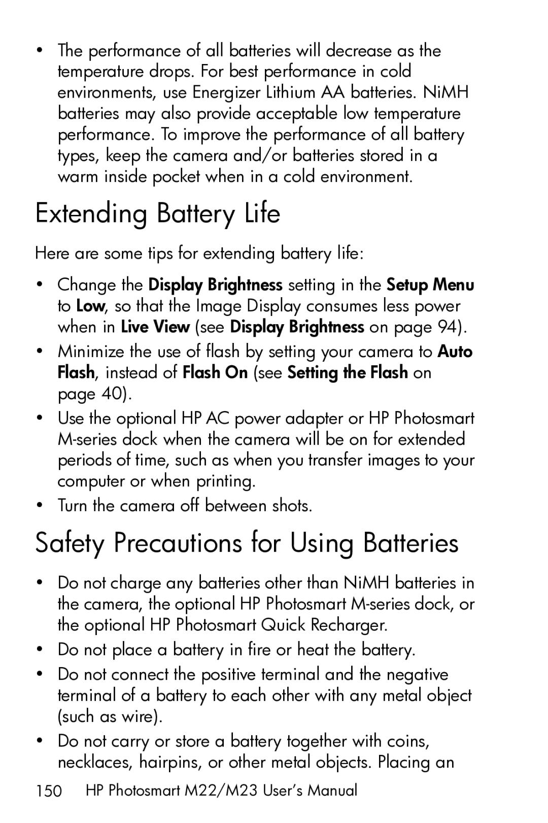 HP M23 manual Extending Battery Life, Safety Precautions for Using Batteries 