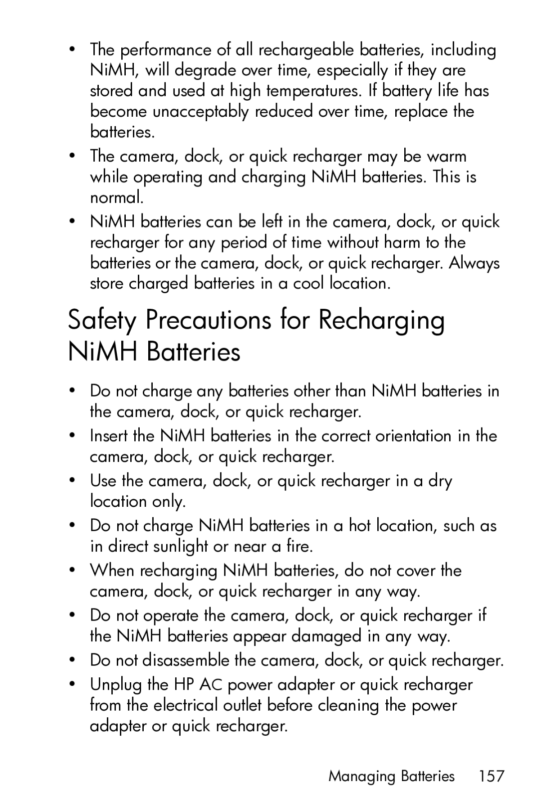 HP M23 manual Safety Precautions for Recharging NiMH Batteries 