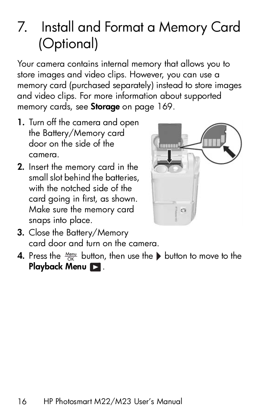 HP M23 manual Install and Format a Memory Card Optional 