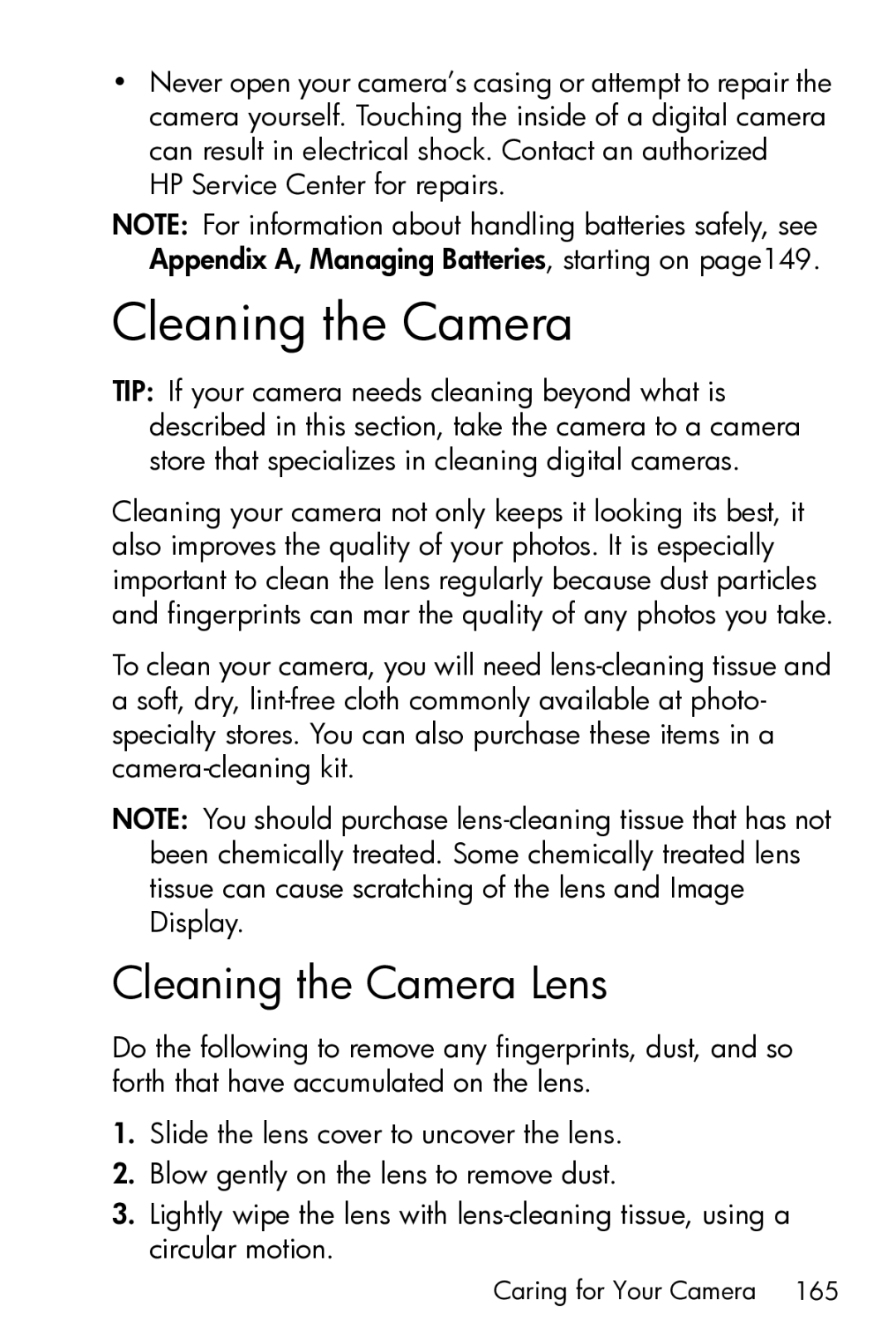 HP M23 manual Cleaning the Camera Lens 