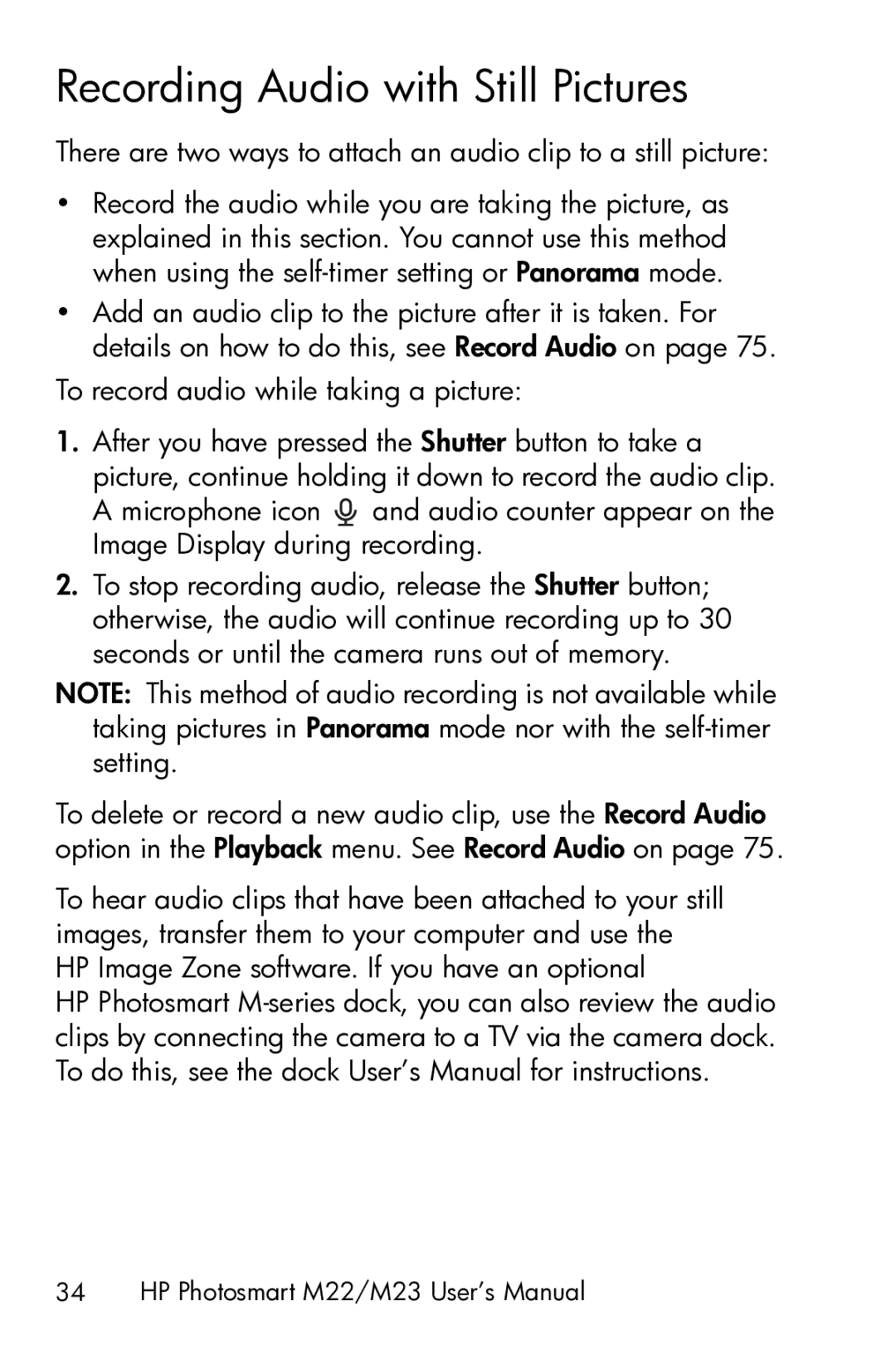 HP M23 manual Recording Audio with Still Pictures 