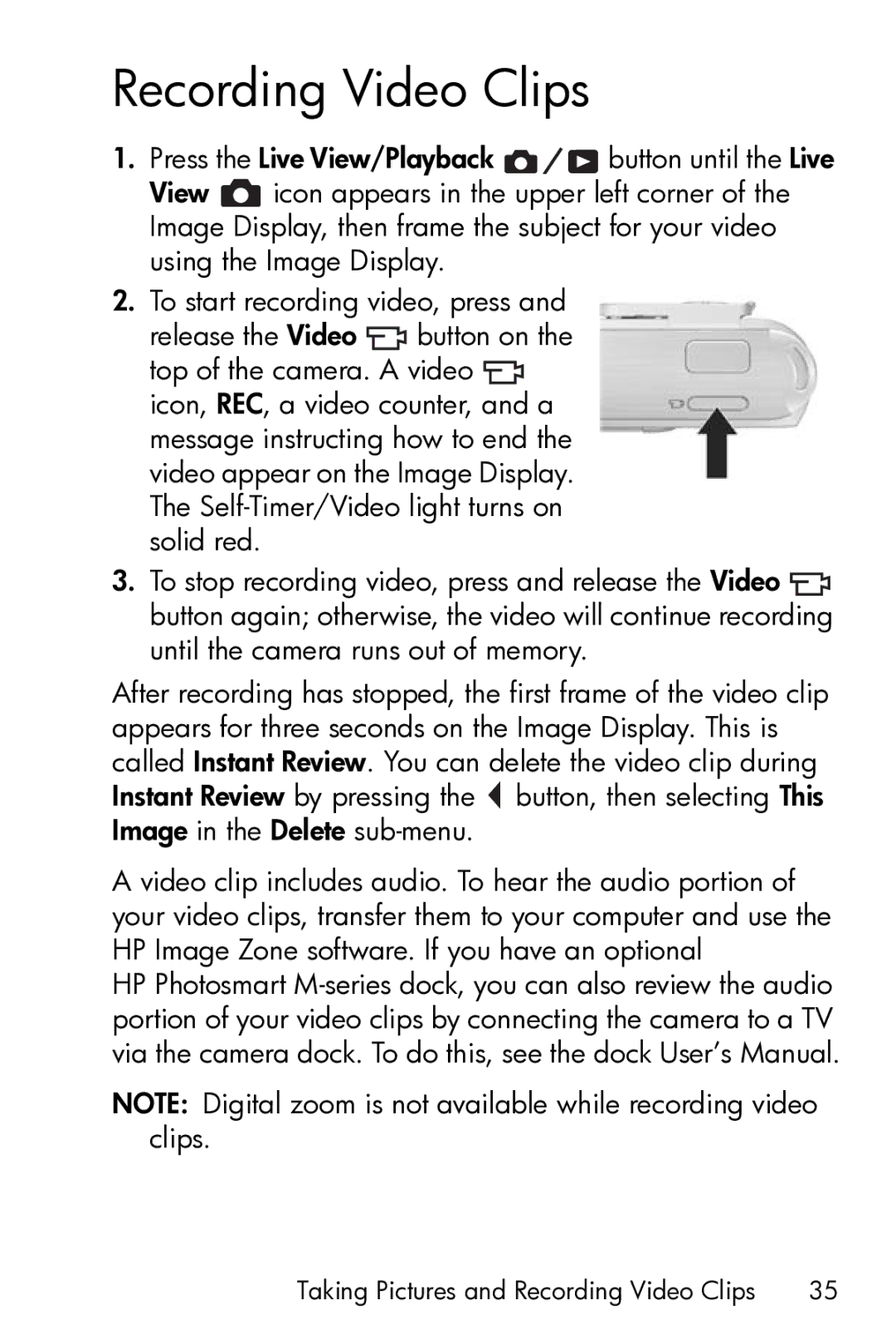 HP M23 manual Recording Video Clips 