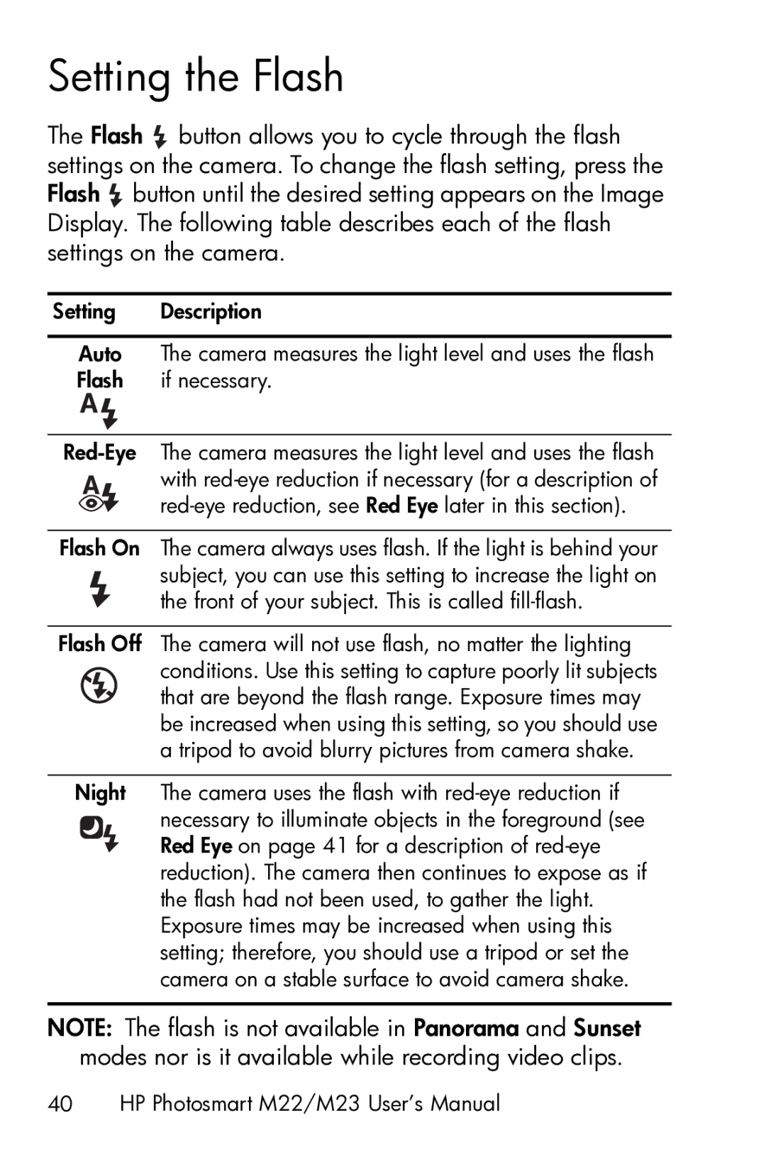 HP M23 manual Setting the Flash 