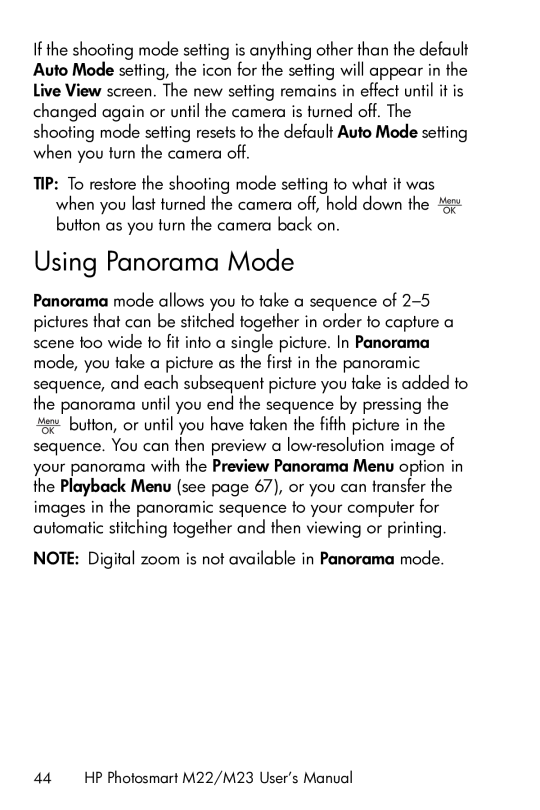 HP M23 manual Using Panorama Mode 