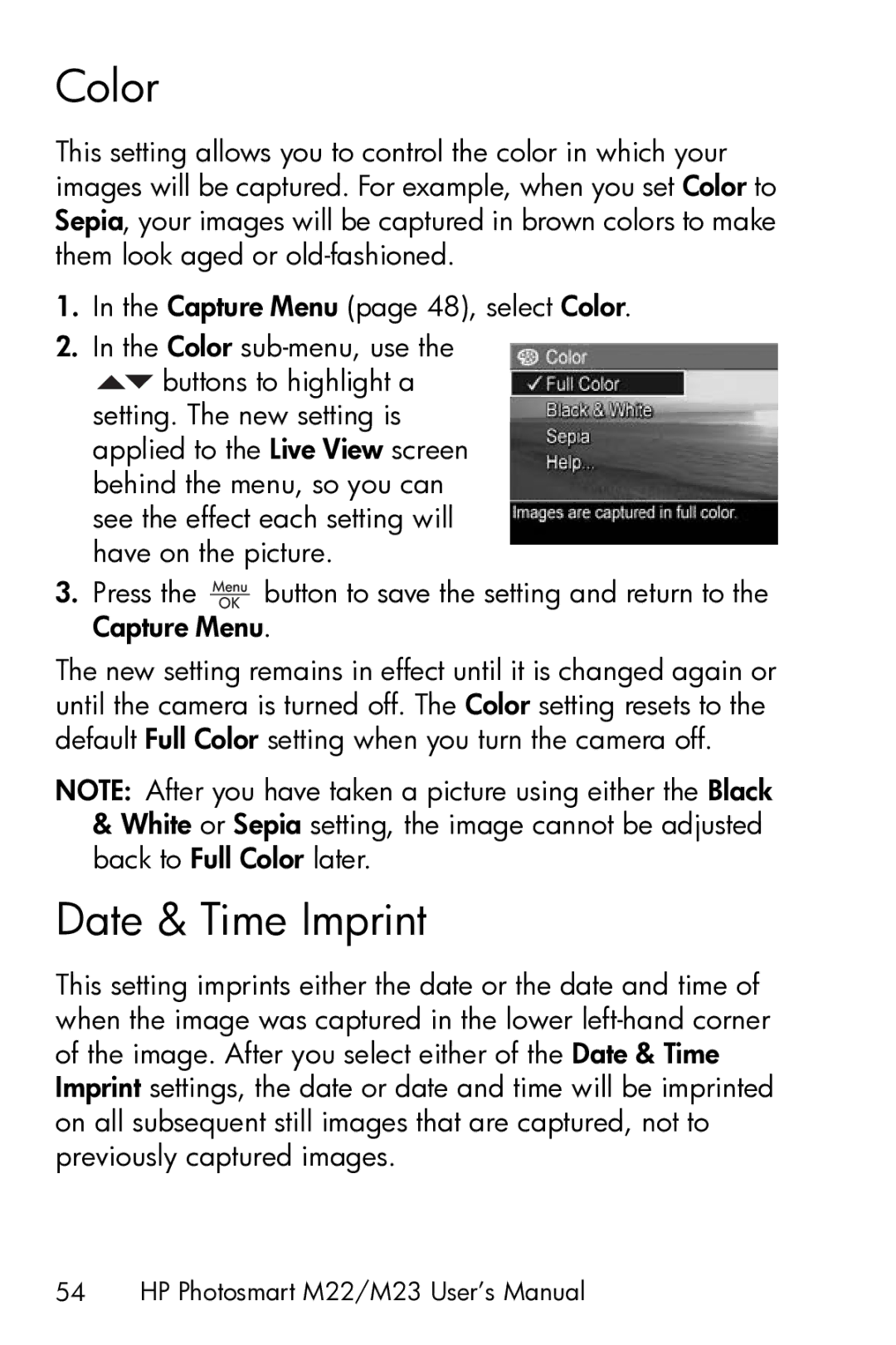 HP M23 manual Color, Date & Time Imprint 