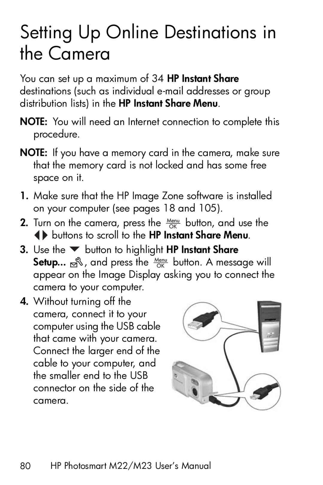 HP M23 manual Setting Up Online Destinations in the Camera 