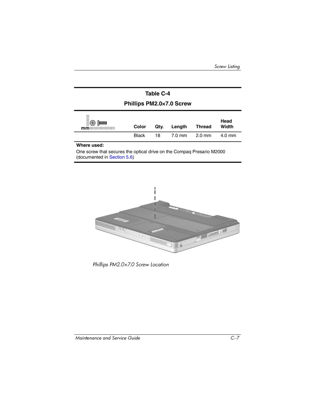 HP M2026AP, M2401XT, M2031AP, M2056AP, M2025AP, M2017AP, M2015LA, M2015CL, M2013AP, M2010US Table C-4 Phillips PM2.0×7.0 Screw 