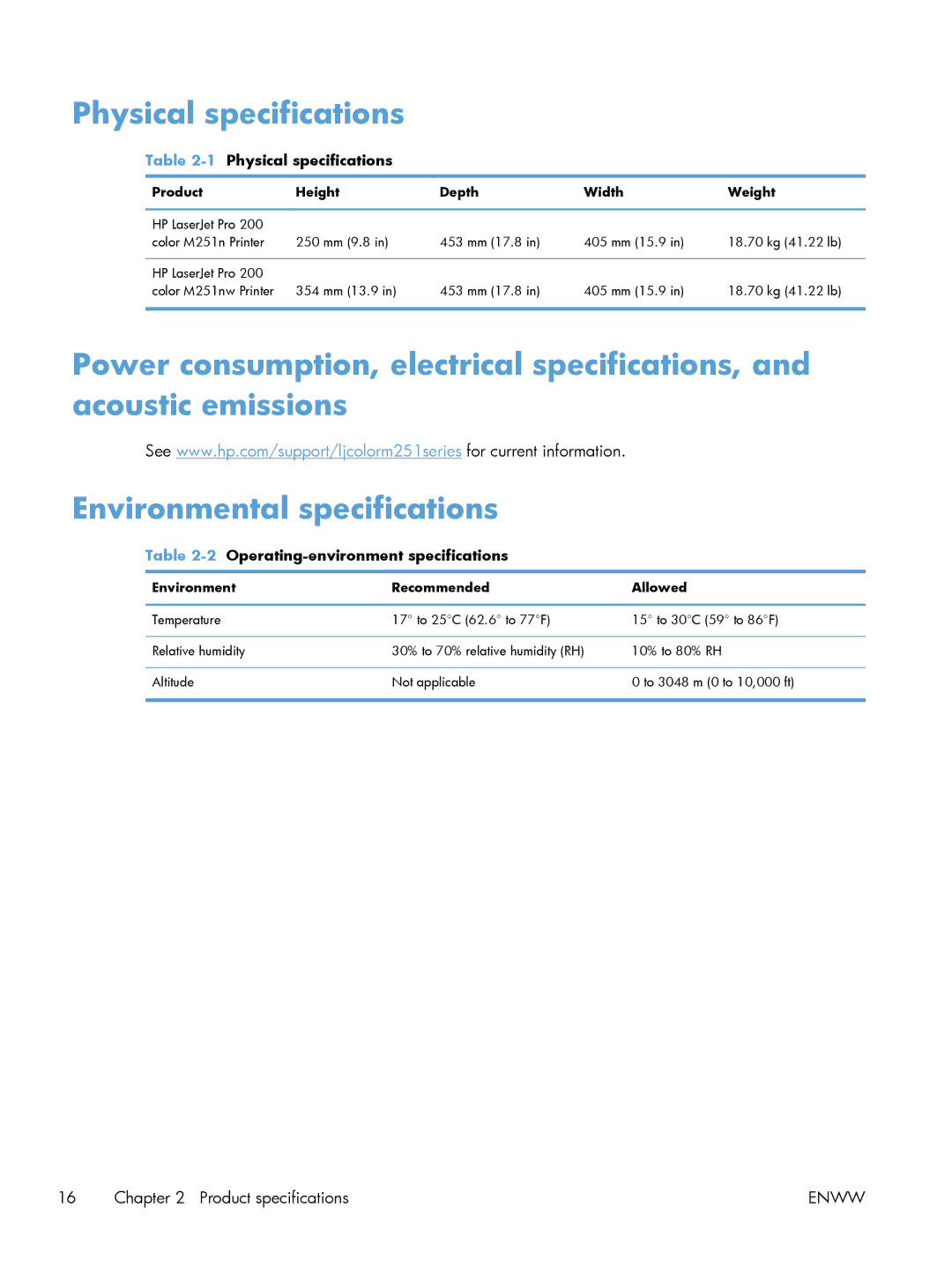 HP M251 manual 1Physical specifications 