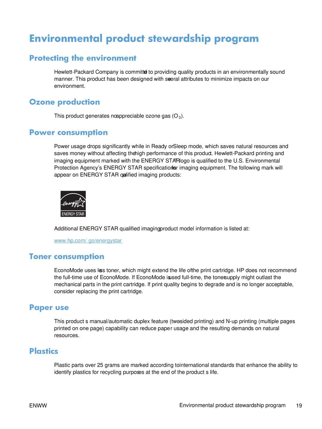 HP M251 manual Environmental product stewardship program 