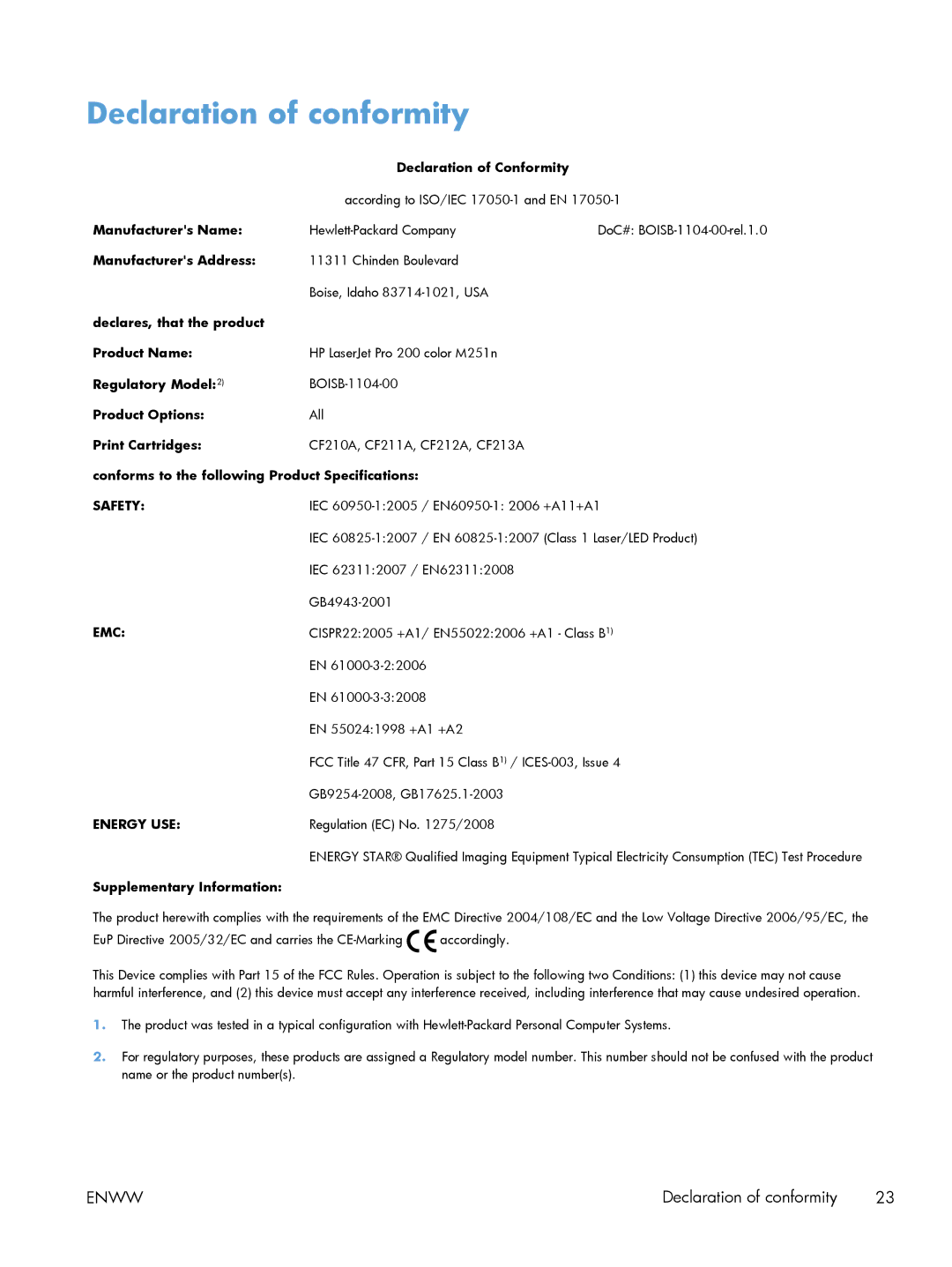 HP M251 manual Declaration of conformity, Safety EMC Energy USE 