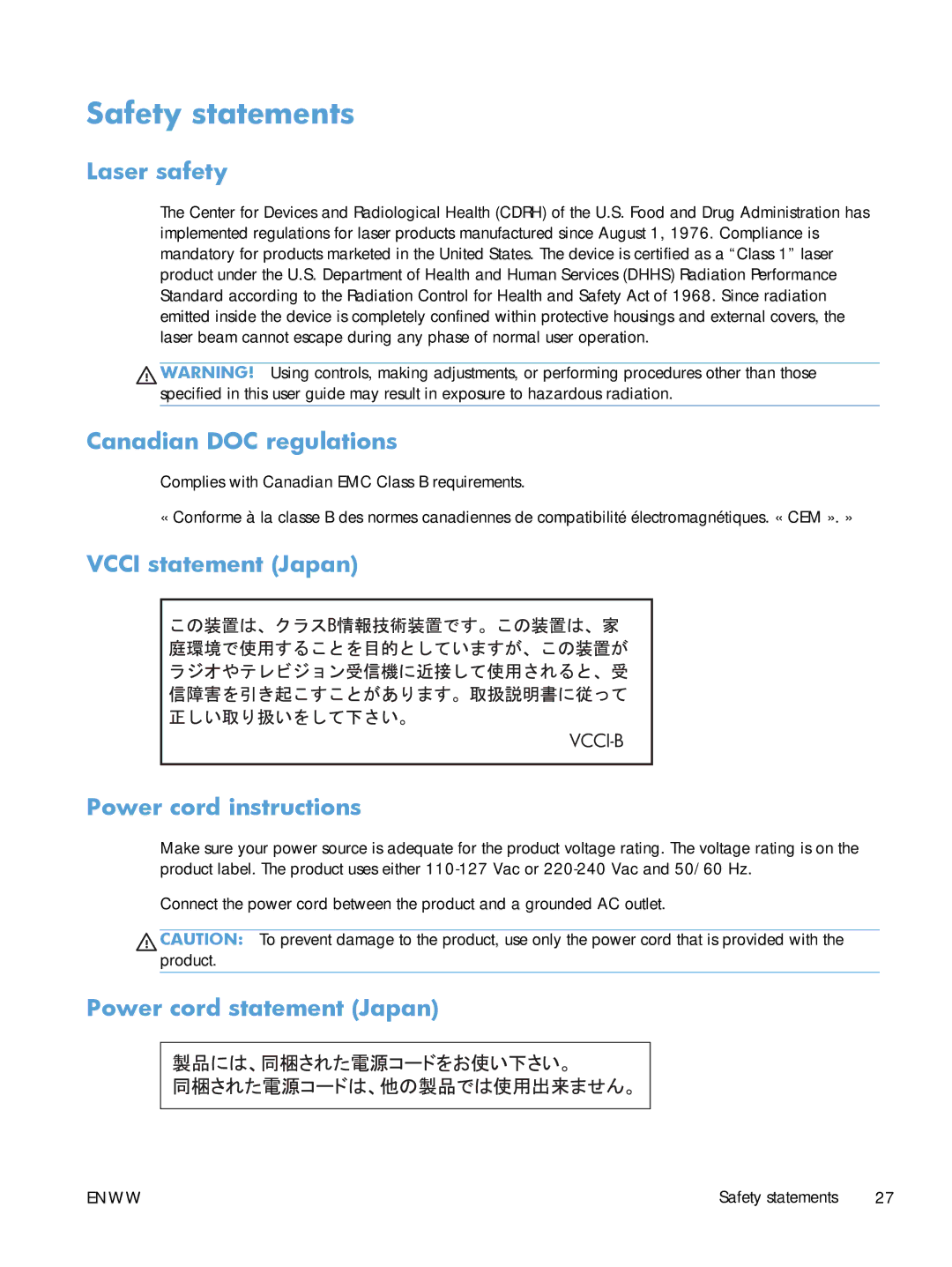 HP M251 manual Safety statements, Laser safety, Canadian DOC regulations, Vcci statement Japan Power cord instructions 