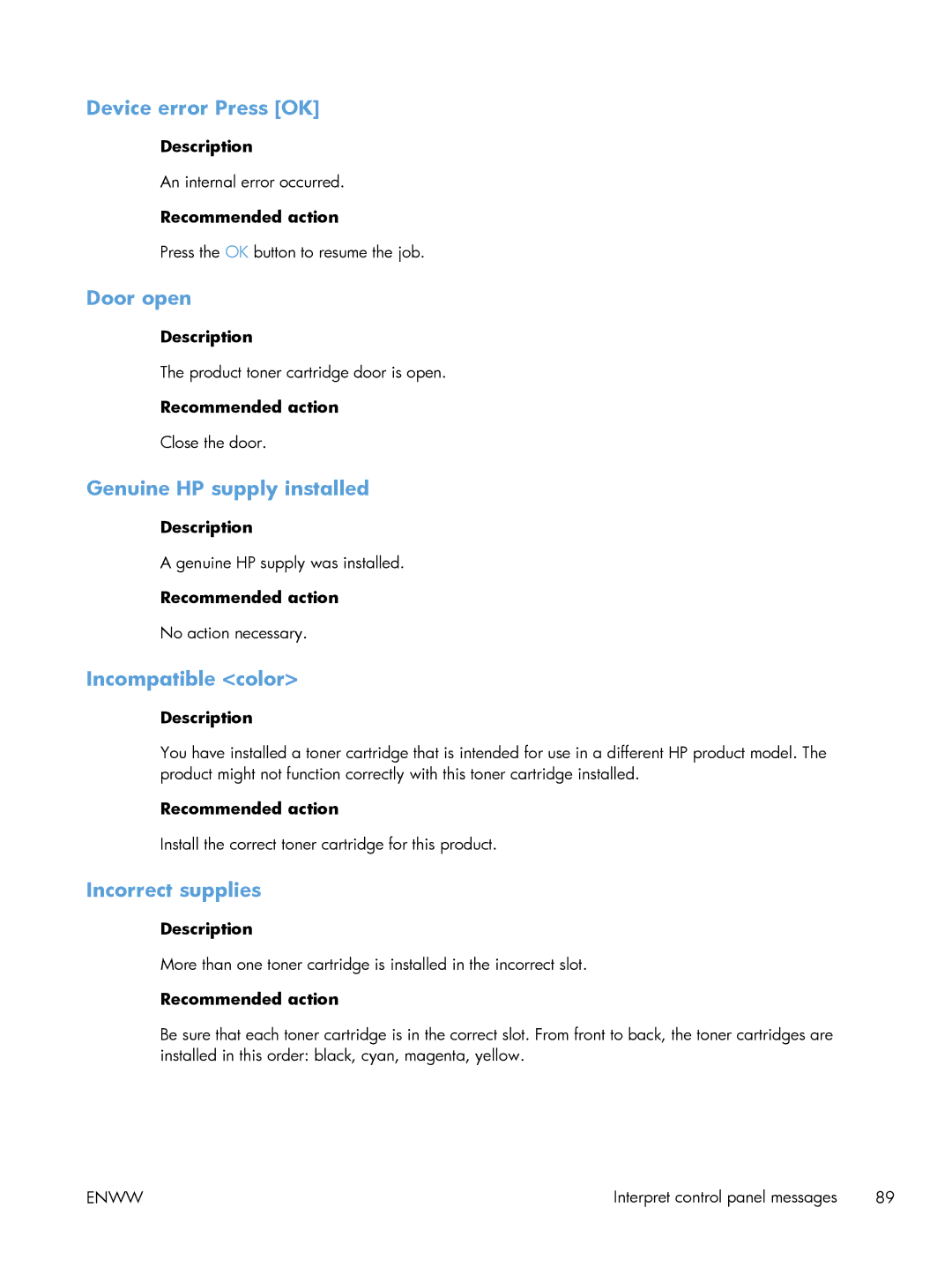 HP M251nw Laser CF147ABGJ, M251NW manual Device error Press OK, Door open, Genuine HP supply installed, Incompatible color 