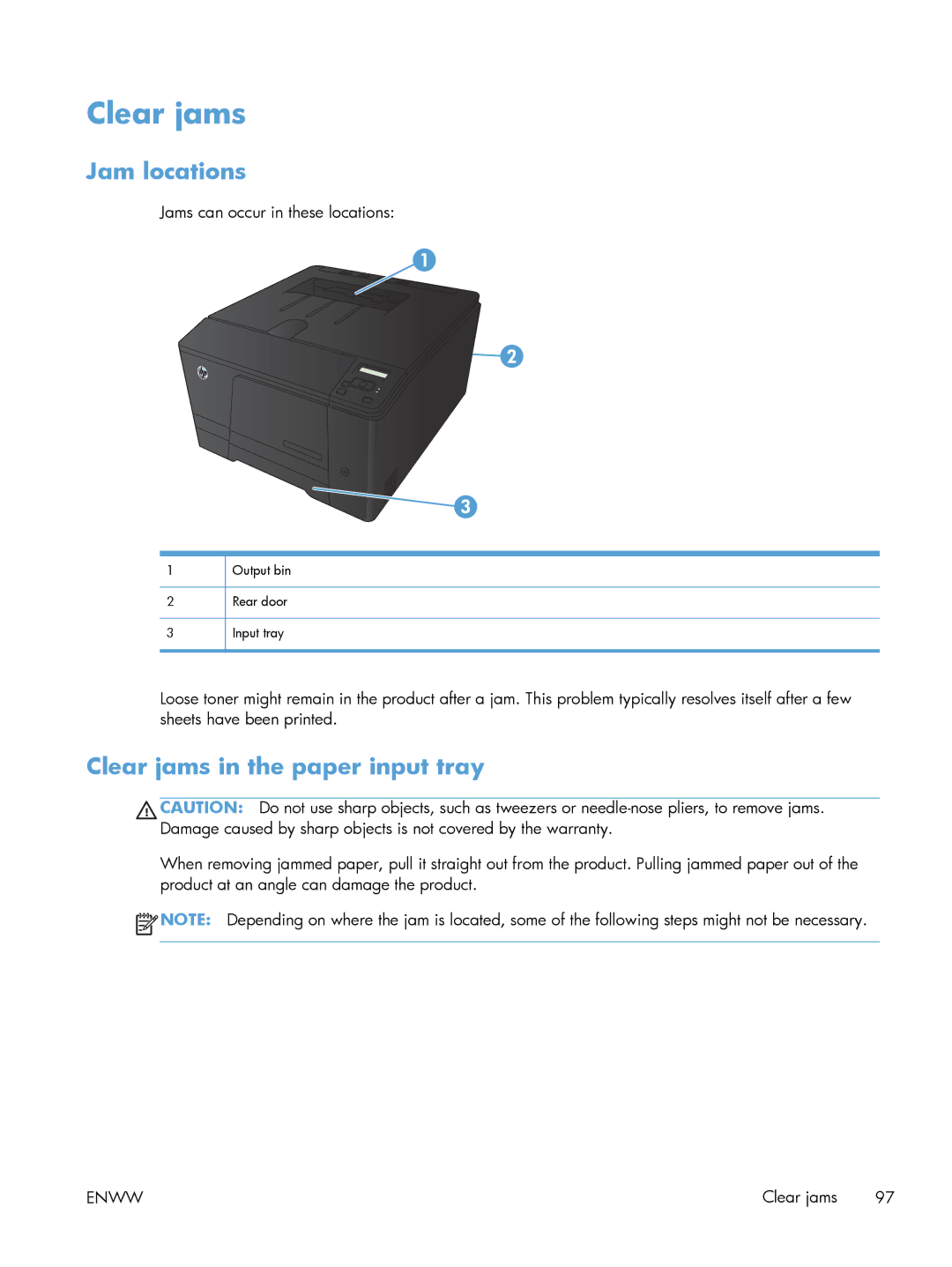 HP M251NW CF147A#BGJ, M251nw Laser CF147ABGJ manual Jam locations, Clear jams in the paper input tray 