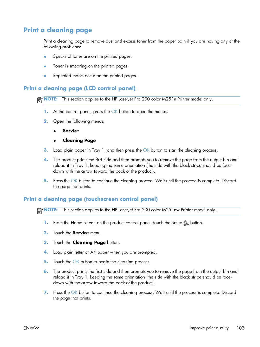 HP M251NW Print a cleaning page LCD control panel, Print a cleaning page touchscreen control panel, Service Cleaning 