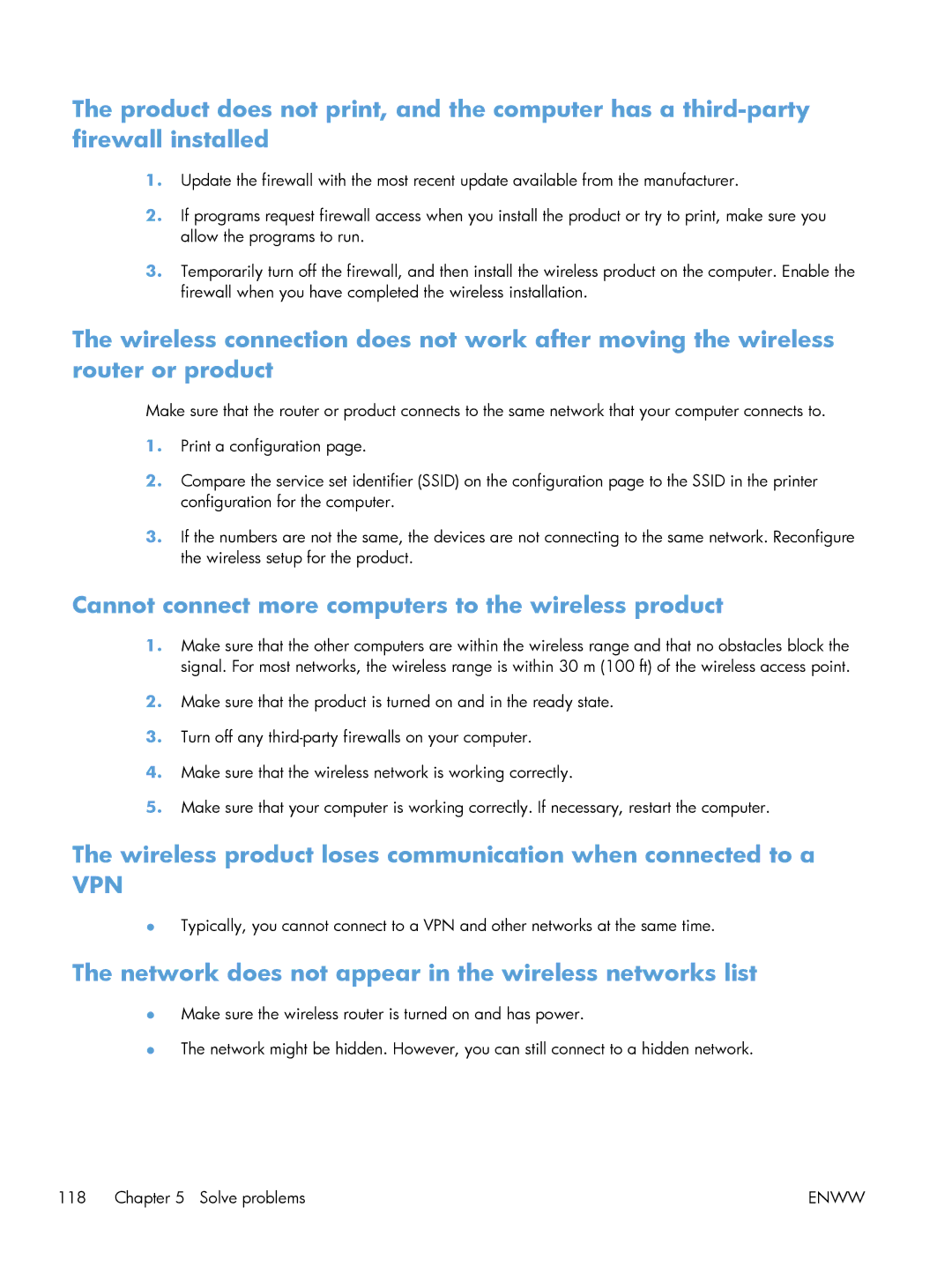 HP M251NW Cannot connect more computers to the wireless product, Wireless product loses communication when connected to a 