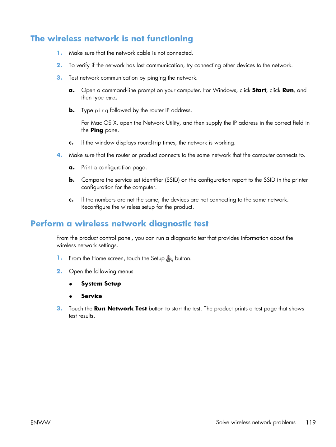 HP M251nw Laser CF147ABGJ, M251NW manual Wireless network is not functioning, Perform a wireless network diagnostic test 