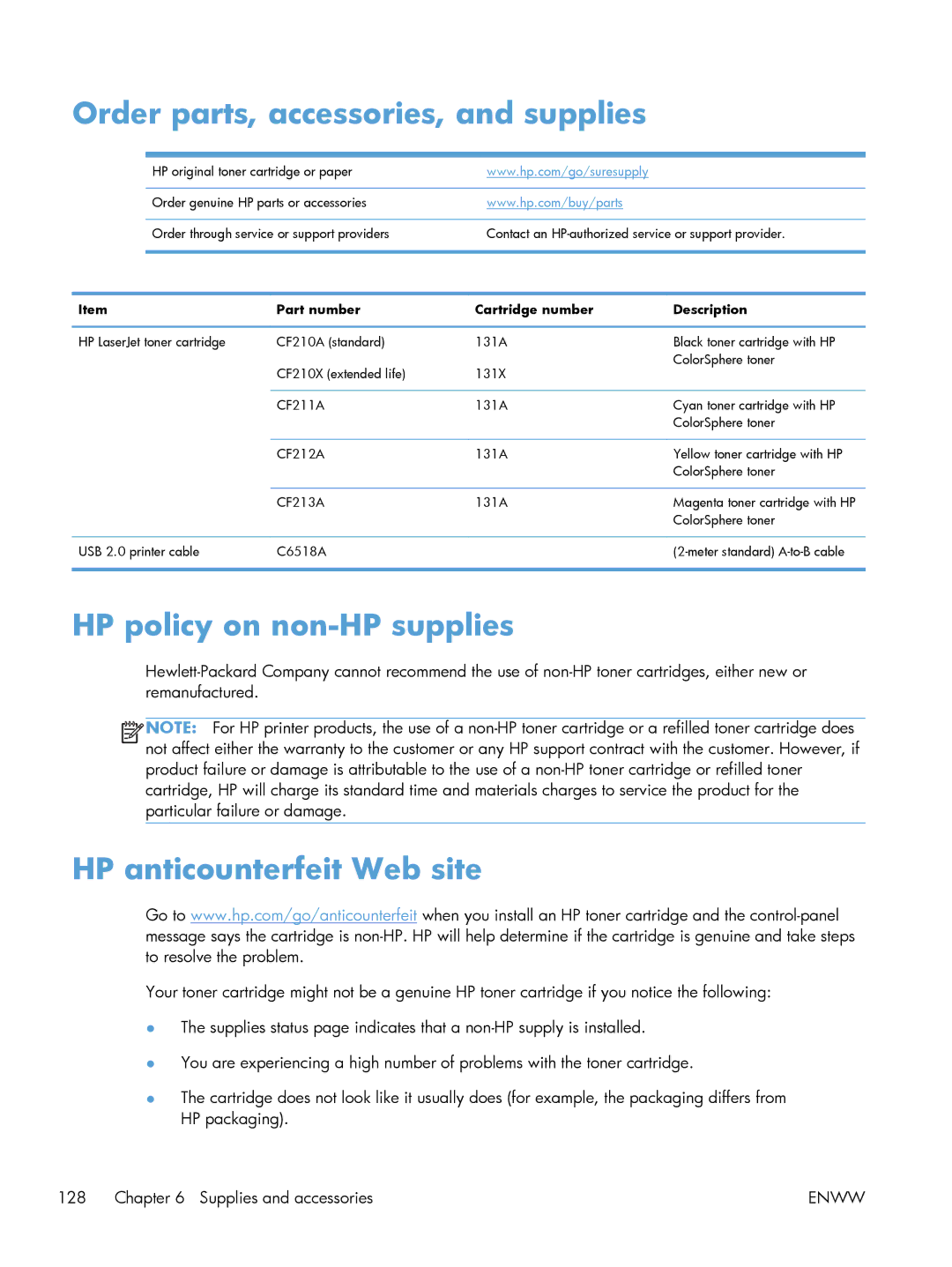 HP M251nw Laser CF147ABGJ, M251NW CF147A#BGJ manual Order parts, accessories, and supplies, HP policy on non-HP supplies 