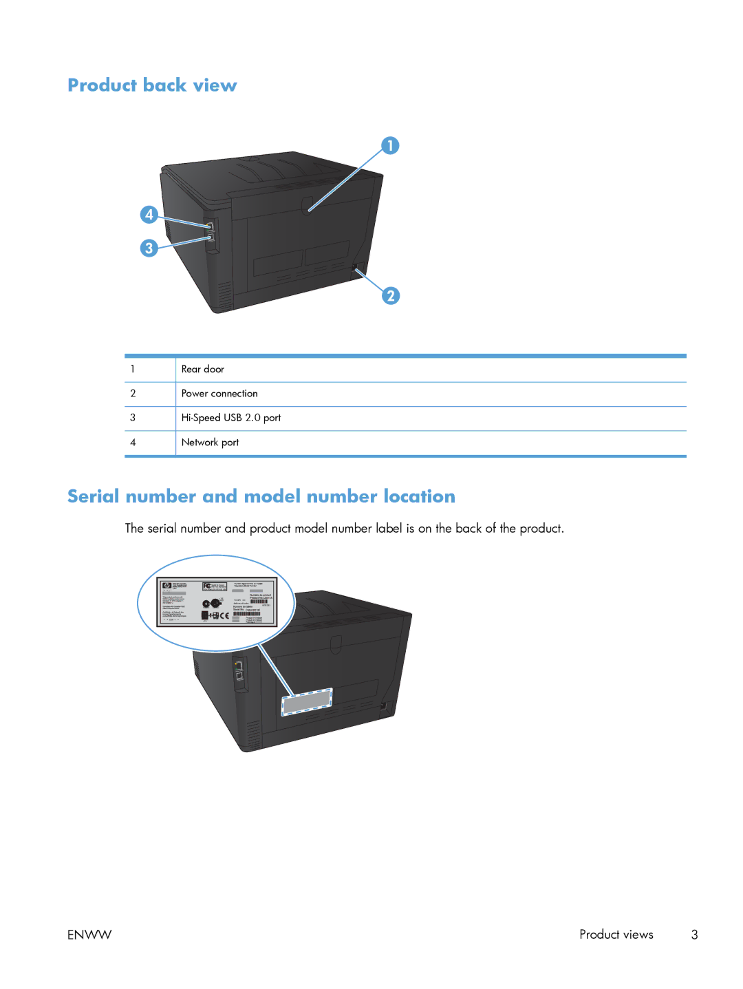 HP M251NW CF147A#BGJ, M251nw Laser CF147ABGJ manual Product back view, Serial number and model number location 