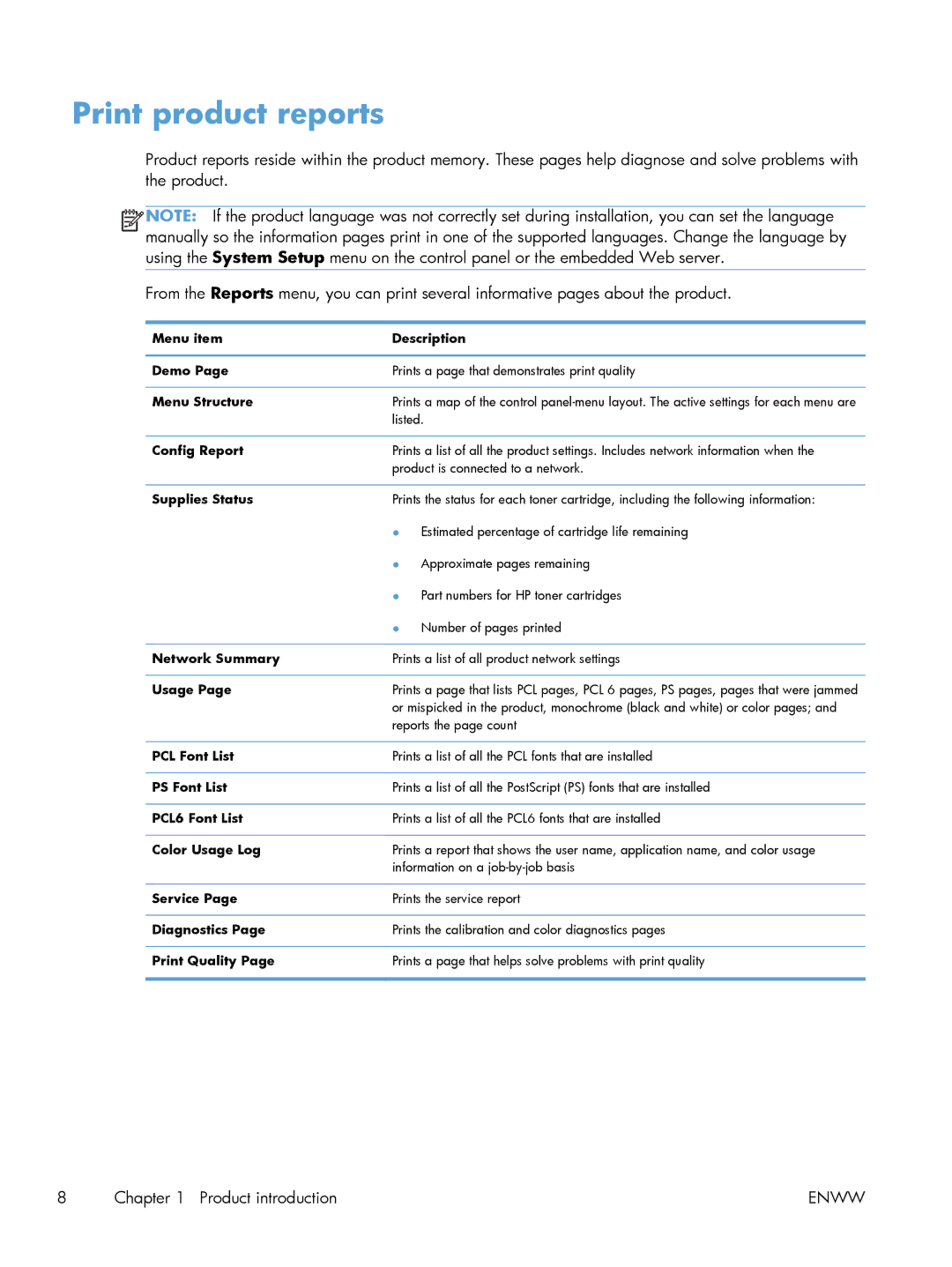 HP M251nw Laser CF147ABGJ, M251NW CF147A#BGJ manual Print product reports, Menu Structure 