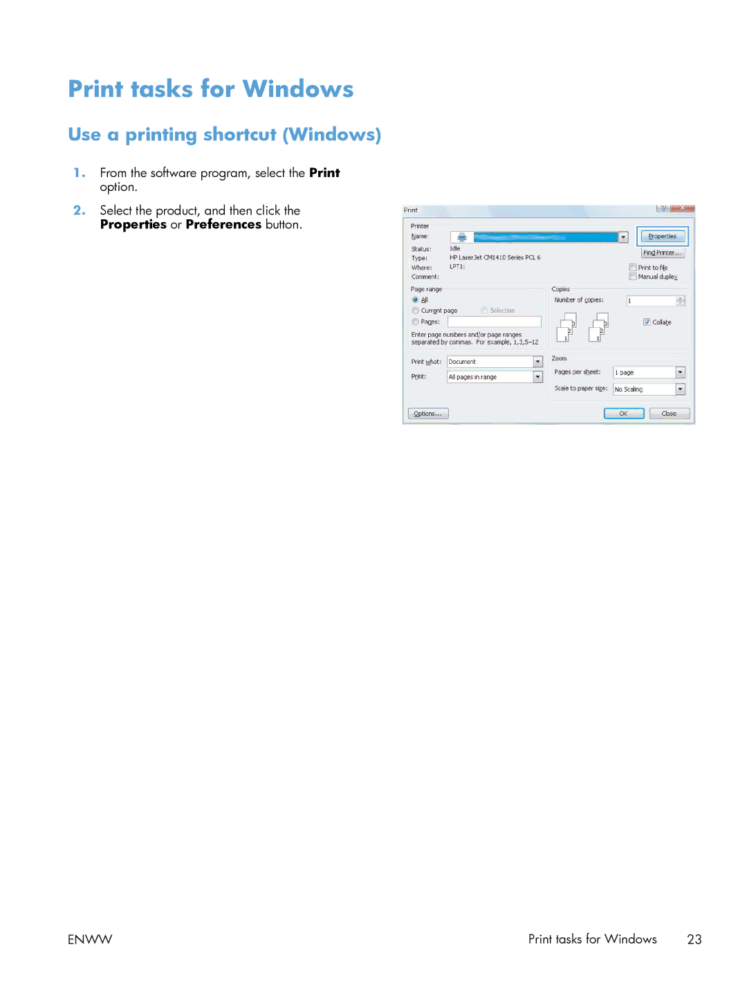 HP M251nw Laser CF147ABGJ, M251NW CF147A#BGJ manual Print tasks for Windows, Use a printing shortcut Windows 
