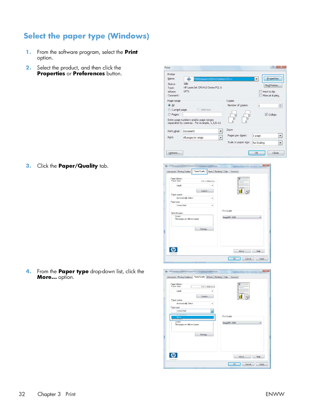 HP M251nw Laser CF147ABGJ, M251NW CF147A#BGJ manual Select the paper type Windows 