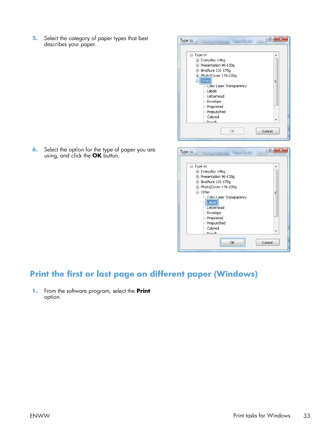 HP M251NW CF147A#BGJ, M251nw Laser CF147ABGJ manual Print the first or last page on different paper Windows 