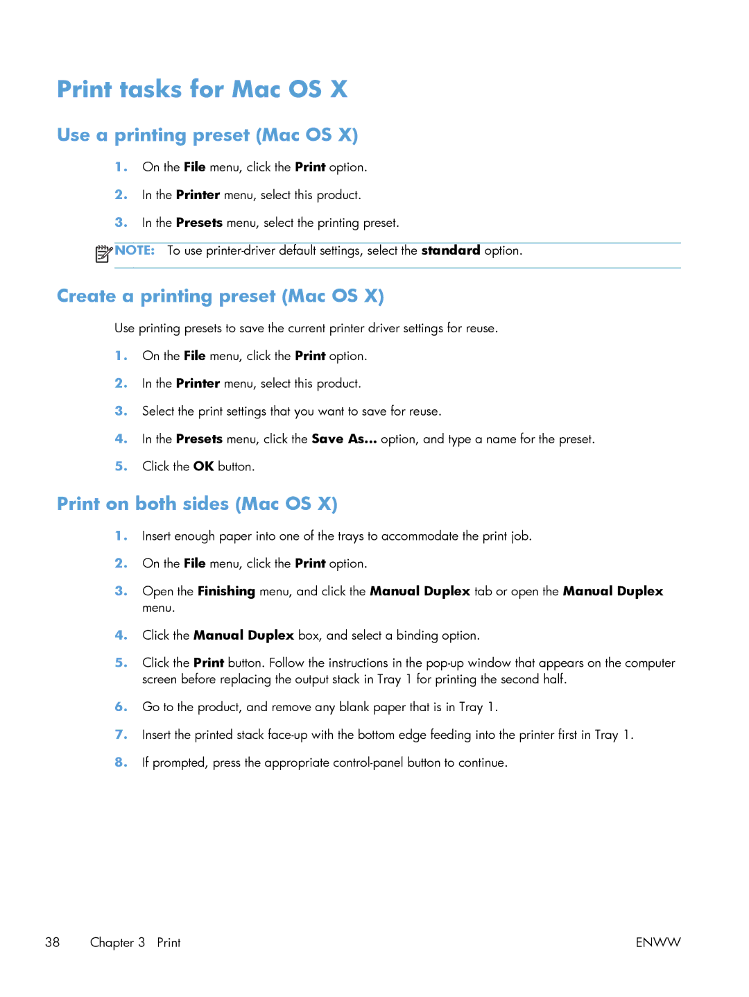 HP M251nw Laser CF147ABGJ, M251NW Print tasks for Mac OS, Use a printing preset Mac OS, Create a printing preset Mac OS 