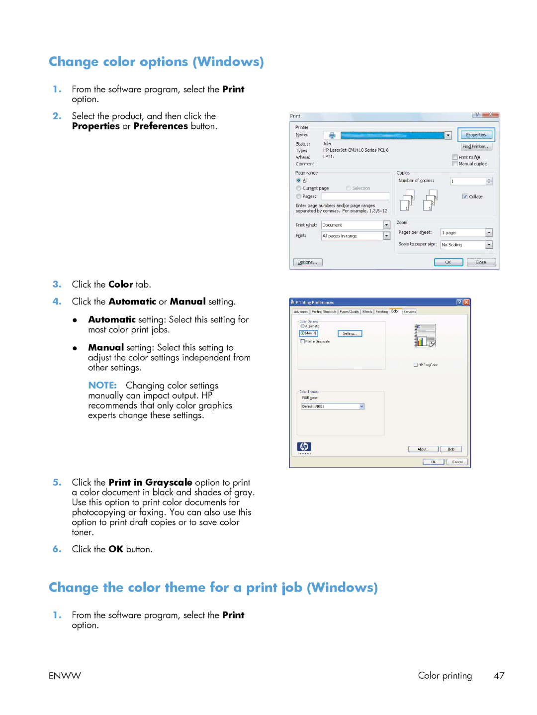 HP M251nw Laser CF147ABGJ, M251NW CF147A#BGJ Change color options Windows, Change the color theme for a print job Windows 