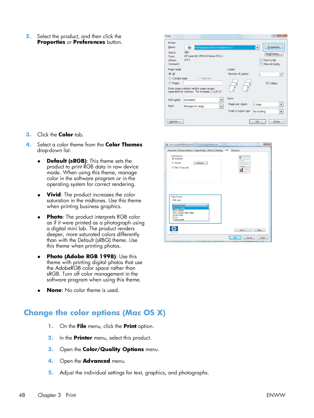 HP M251NW CF147A#BGJ, M251nw Laser CF147ABGJ manual Change the color options Mac OS, Open the Color/Quality Options menu 