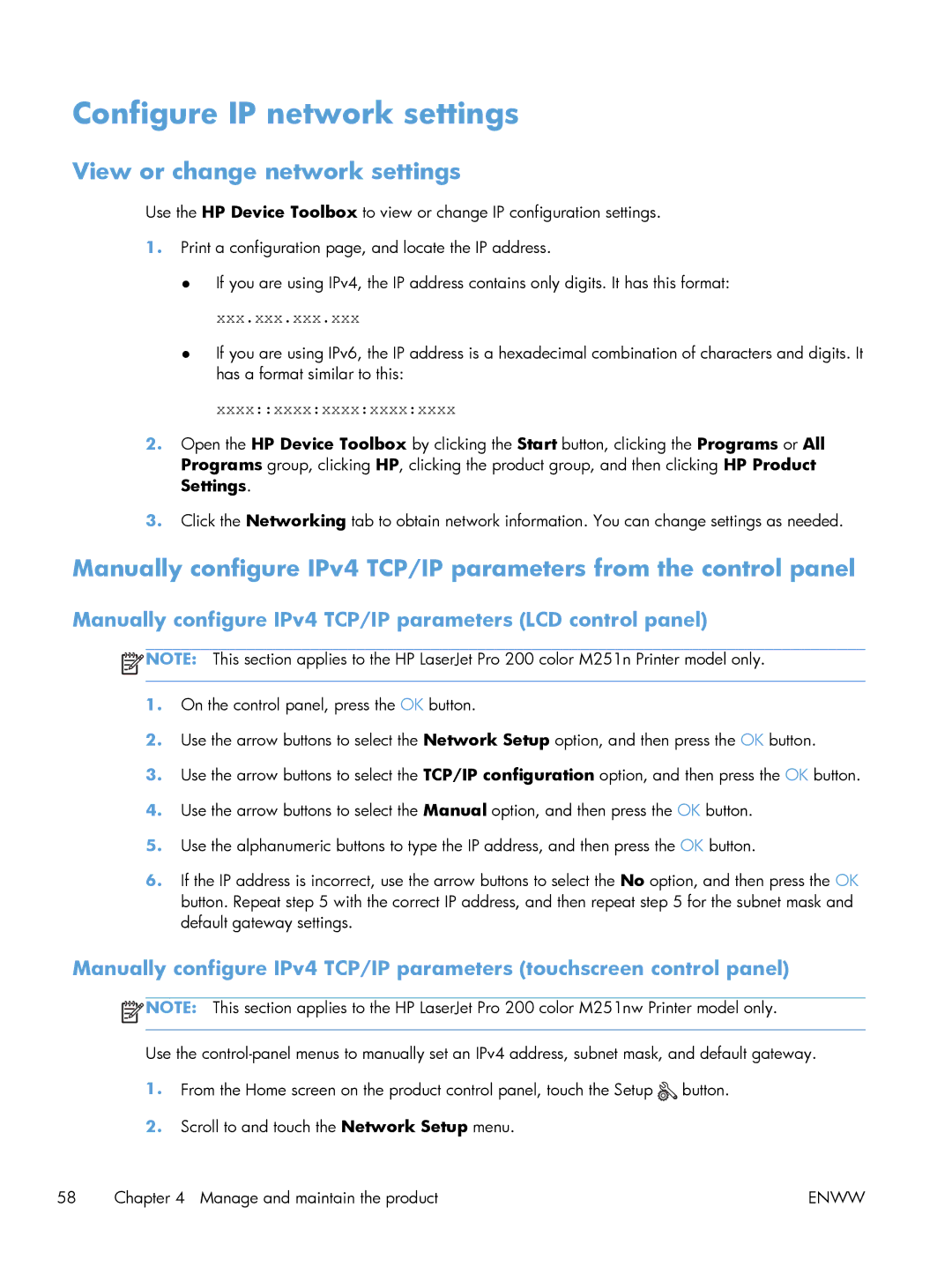 HP M251NW CF147A#BGJ, M251nw Laser CF147ABGJ manual Configure IP network settings, View or change network settings 