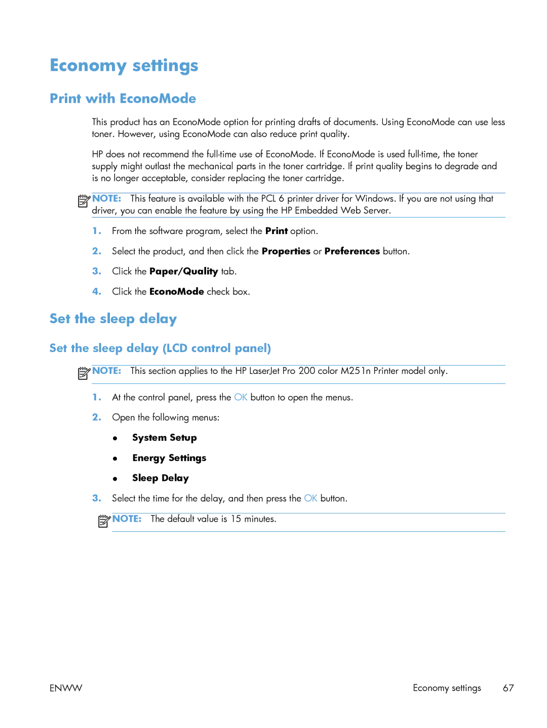 HP M251NW CF147A#BGJ manual Economy settings, Print with EconoMode, Set the sleep delay LCD control panel 