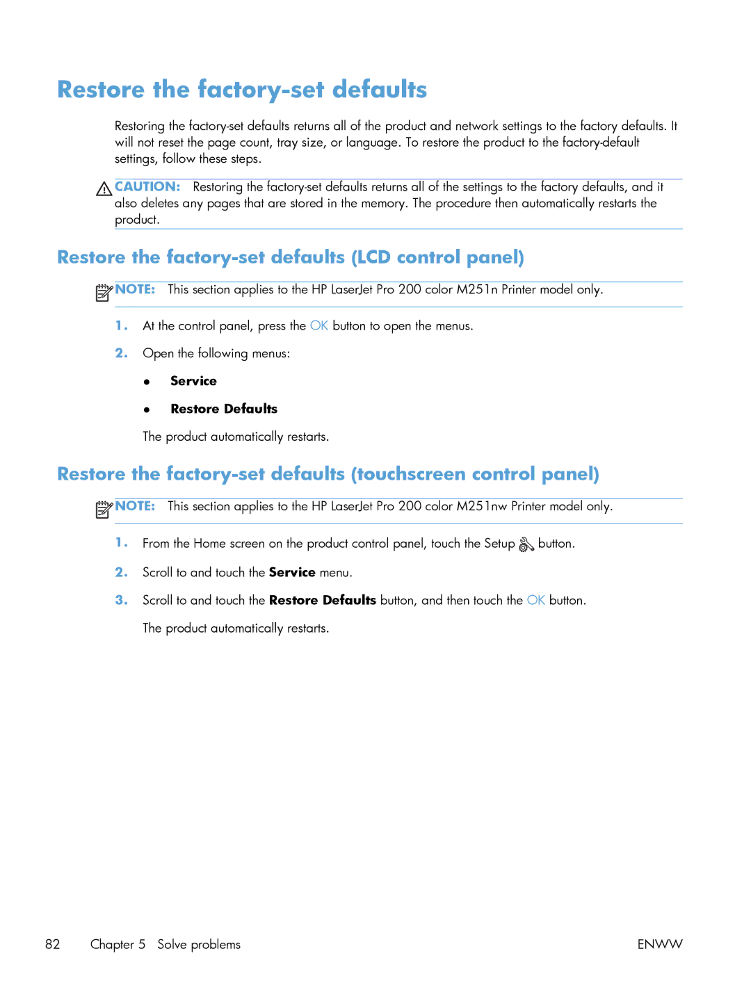 HP M251NW CF147A#BGJ manual Restore the factory-set defaults LCD control panel, Service Restore Defaults 
