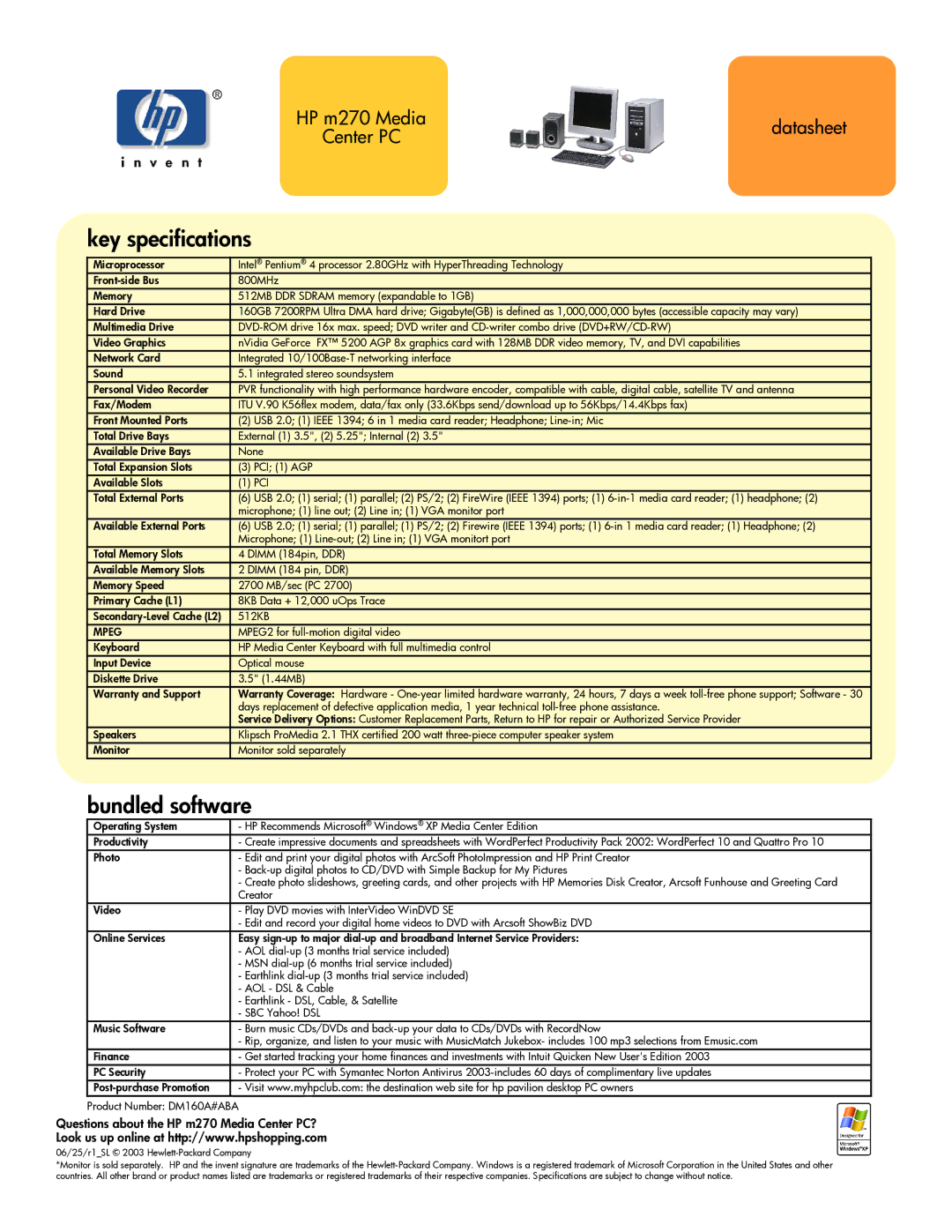 HP manual Key specifications, Bundled software, Questions about the HP m270 Media Center PC?, Mpeg 