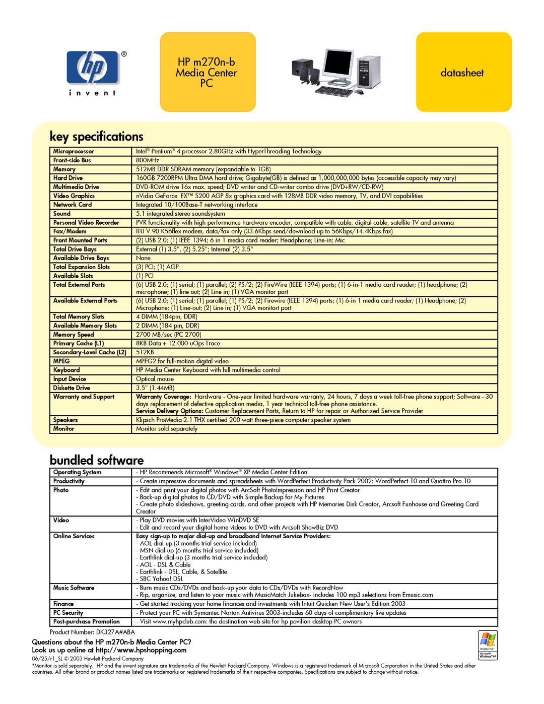 HP manual Key specifications, Bundled software, Questions about the HP m270n-b Media Center PC?, Mpeg 