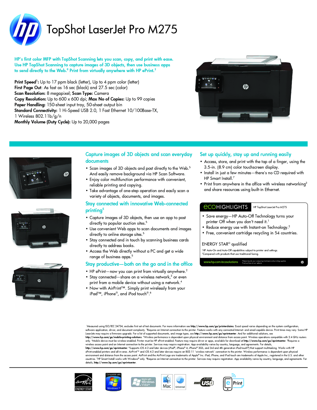 HP M275 manual Capture images of 3D objects and scan everyday documents, Set up quickly, stay up and running easily 